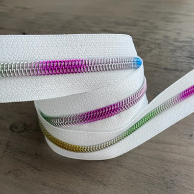 #5 Nylon White Zipper Tape with Rainbow Teeth New
